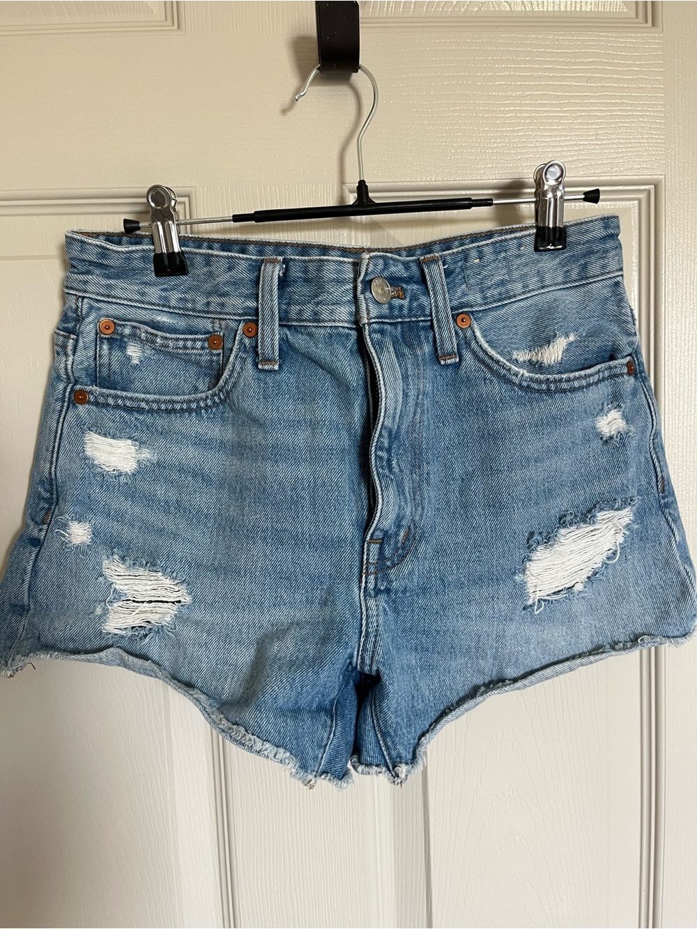 Madewell Light Blue Distressed High-Rise Denim Shorts